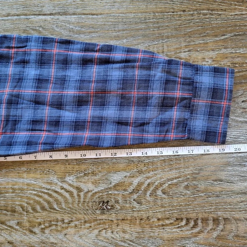 NWT Duluth Trading Co Mens Free Swingin Flannel Blue Orange Plaid L 52007 IKD